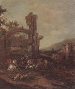 An architectural capriccio with a cavalry engagement,a landscape beyond unknow artist